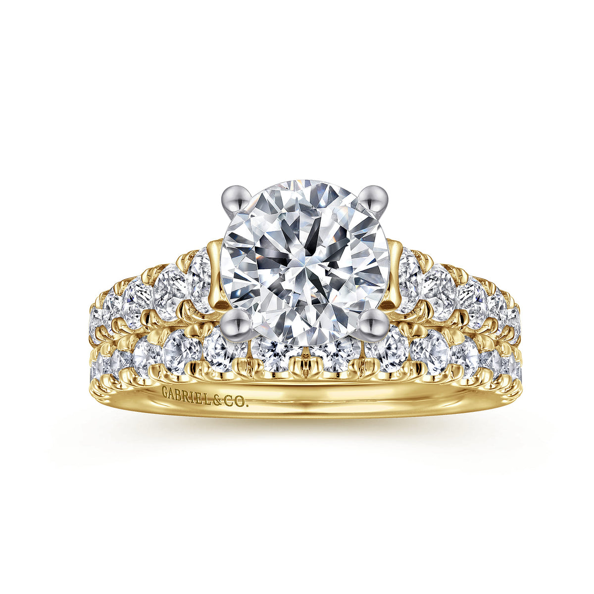 14K White-Yellow Gold Round Diamond Engagement Ring — Gabriel & Co. ER12299R6M44JJ; center stone shown for illustration, not included