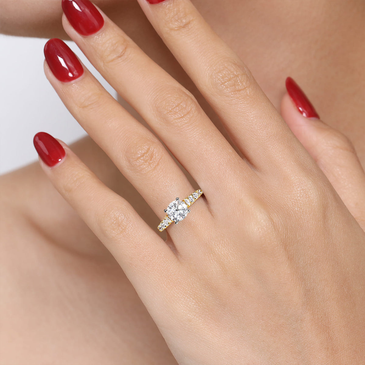 14K White-Yellow Gold Round Diamond Engagement Ring — Gabriel & Co. ER12299R6M44JJ; center stone shown for illustration, not included