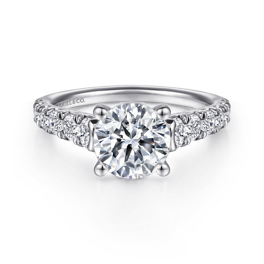 14K White Gold Round Diamond Engagement Ring — Gabriel & Co. ER12299R6W44JJ; center stone shown for illustration, not included
