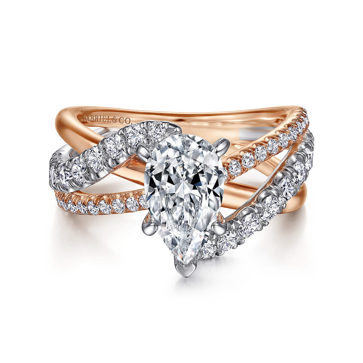14K White-Rose Gold Pear Shape Free Form Diamond Engagement Ring — ER12337P6T44JJ; center stone shown for illustration, not included