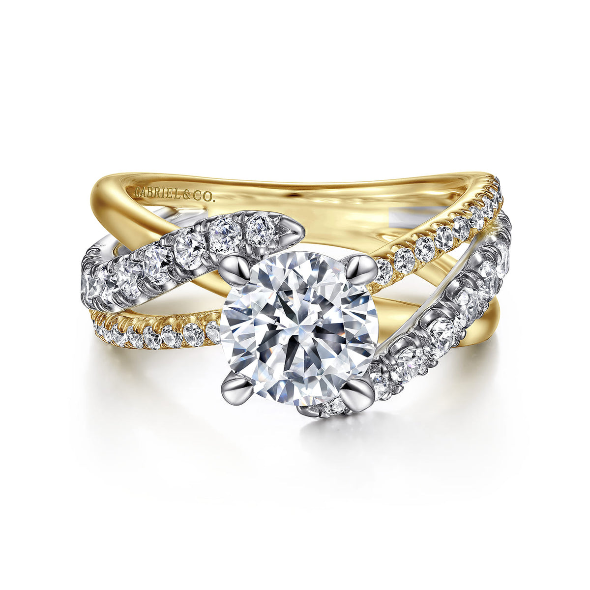 14K White-Yellow Gold Round Diamond Engagement Ring — Gabriel & Co. ER12337R6M44JJ; center stone shown for illustration, not included