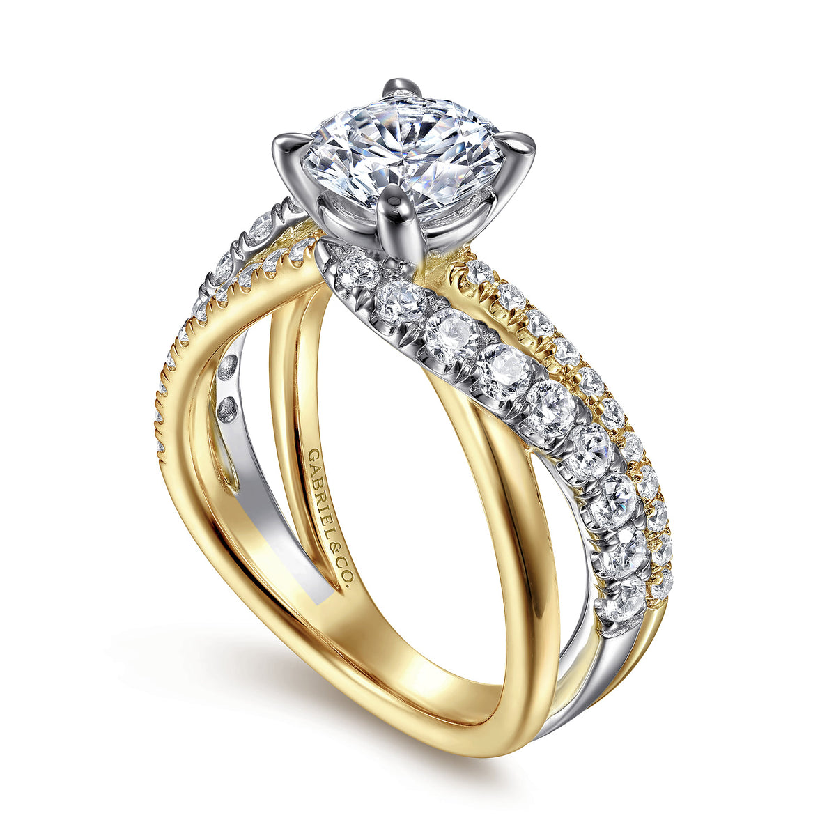14K White-Yellow Gold Round Diamond Engagement Ring — Gabriel & Co. ER12337R6M44JJ; center stone shown for illustration, not included