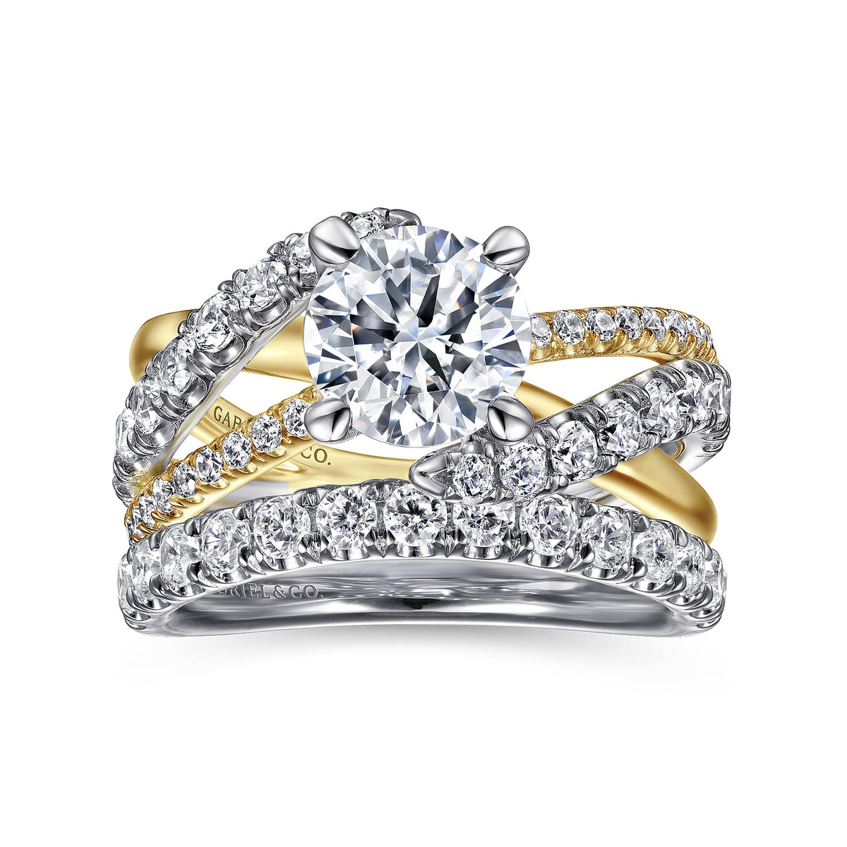 14K White-Yellow Gold Round Diamond Engagement Ring — Gabriel & Co. ER12337R6M44JJ; center stone shown for illustration, not included