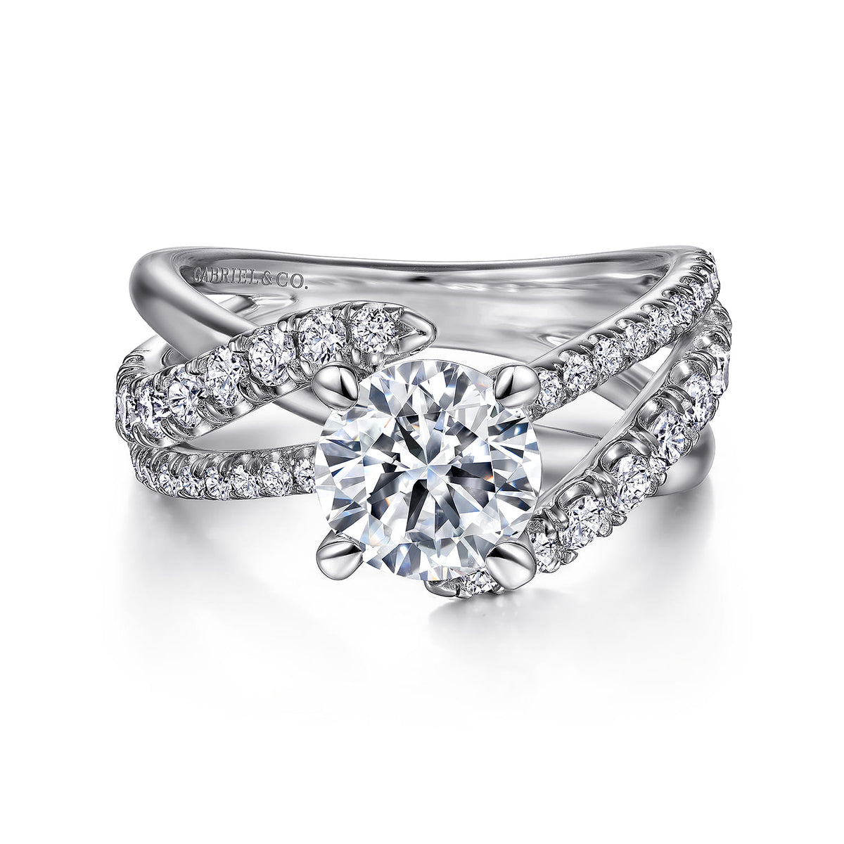 14K White Gold Round Diamond Engagement Ring — Gabriel & Co. ER12337R6W44JJ; center stone shown for illustration, not included