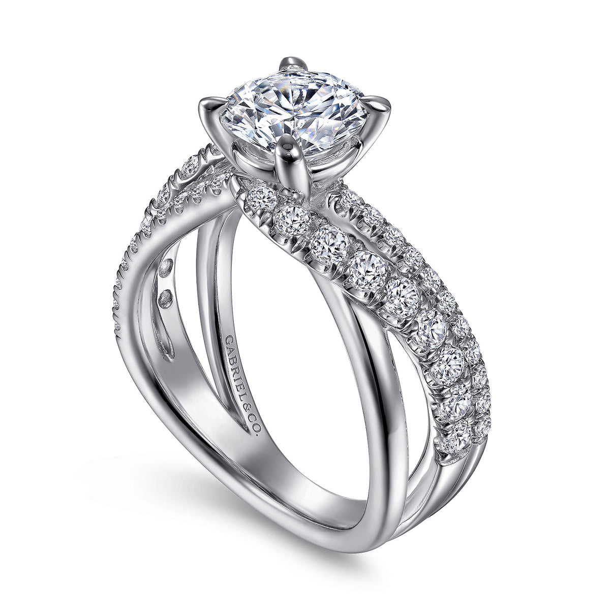 14K White Gold Round Diamond Engagement Ring — Gabriel & Co. ER12337R6W44JJ; center stone shown for illustration, not included