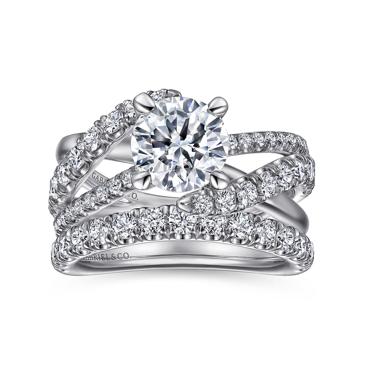 14K White Gold Round Diamond Engagement Ring — Gabriel & Co. ER12337R6W44JJ; center stone shown for illustration, not included