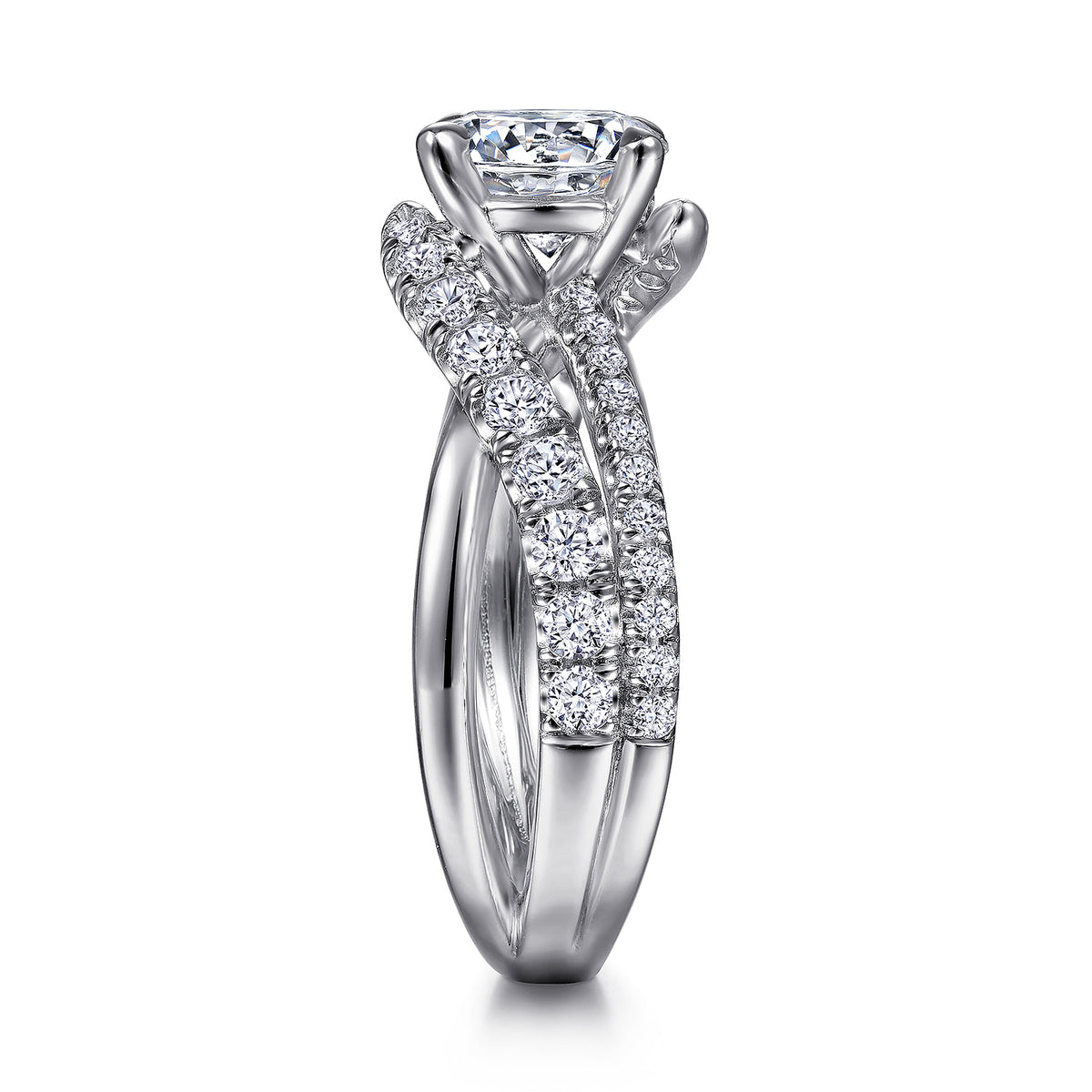 14K White Gold Round Diamond Engagement Ring — Gabriel & Co. ER12337R6W44JJ; center stone shown for illustration, not included