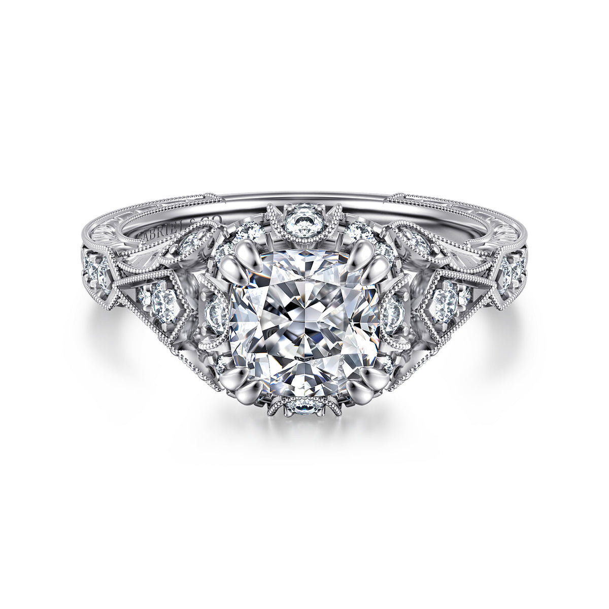 Unique 14K White Gold Vintage Inspired Cushion Halo Diamond Engagement Ring — ER12579C6W44JJ; center stone shown for illustration, not included
