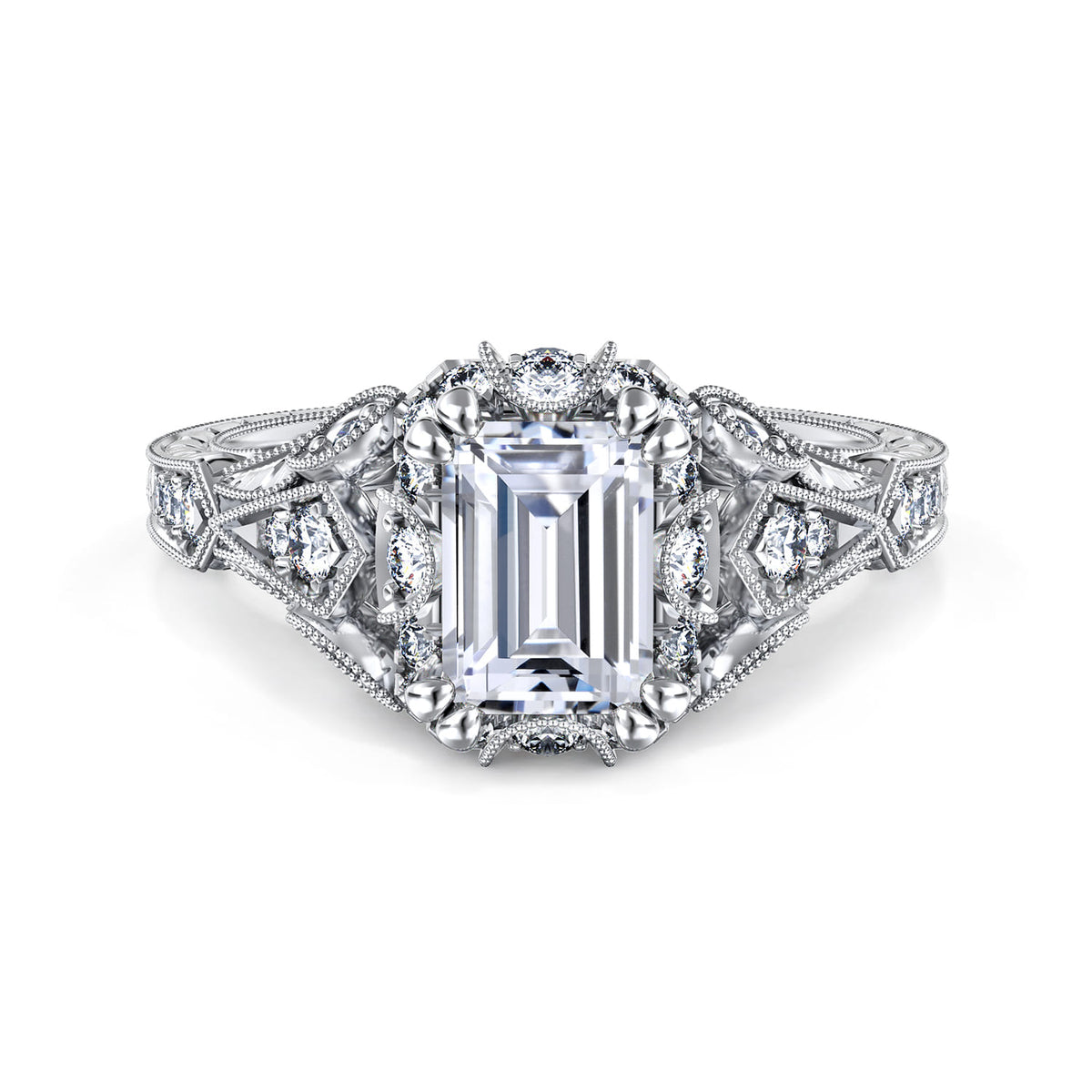 Unique 14K White Gold Vintage Inspired Emerald Cut Diamond Halo Engagement Ring — ER12579E4W44JJ; center stone shown for illustration, not included
