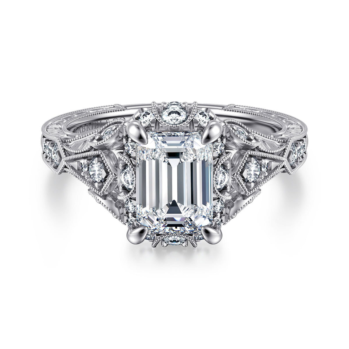 Unique 14K White Gold Vintage Inspired Emerald Cut Diamond Halo Engagement Ring — ER12579E6W44JJ; center stone shown for illustration, not included