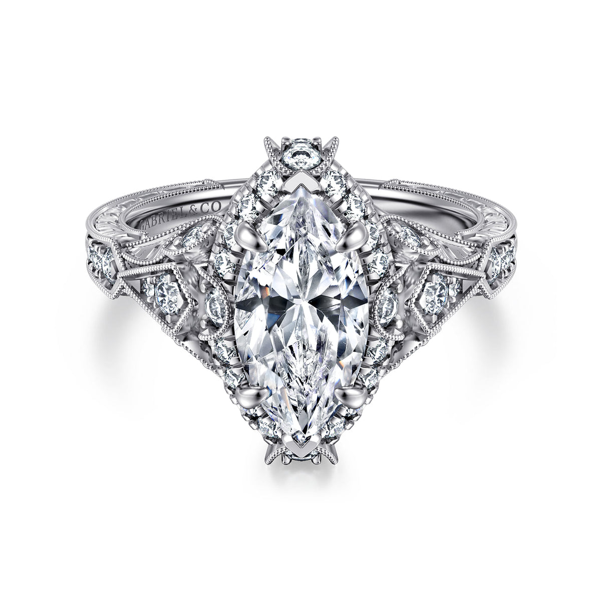 Unique 14K White Gold Vintage Inspired Marquise Shape Diamond Halo Engagement Ring — ER12579M6W44JJ; center stone shown for illustration, not included