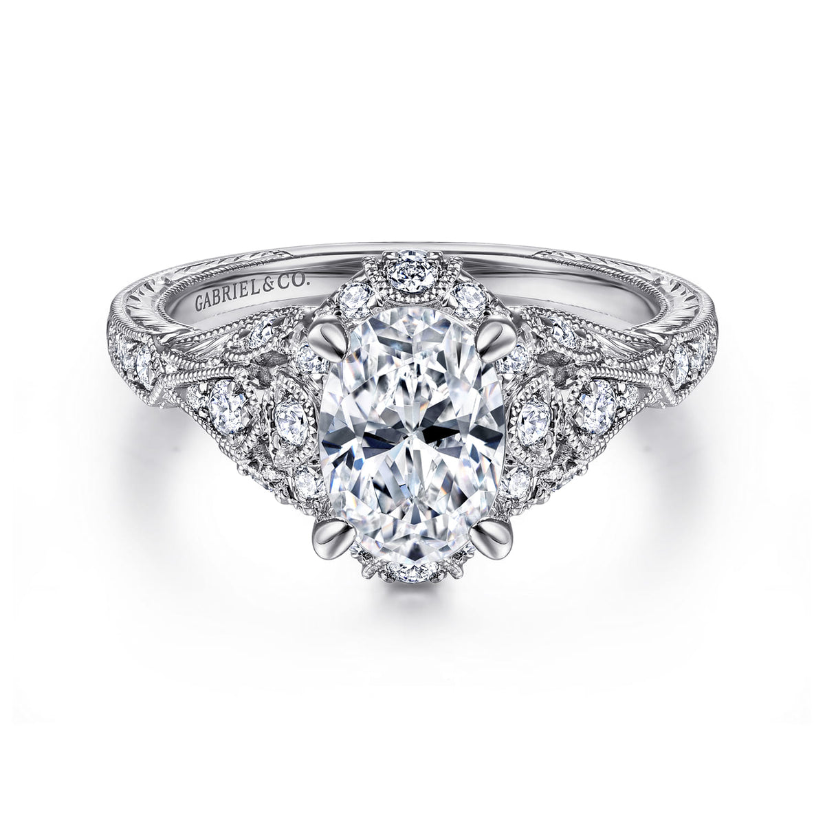 Unique 14K White Gold Vintage Inspired Oval Halo Diamond Engagement Ring — ER12579O4W44JJ; center stone shown for illustration, not included