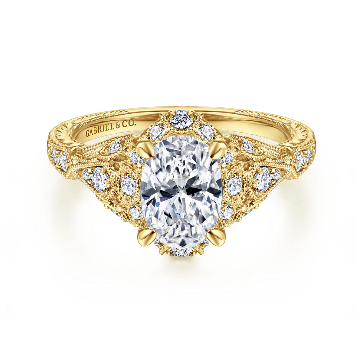 Unique 14K Yellow Gold Vintage Inspired Oval Halo Diamond Engagement Ring — ER12579O4Y44JJ; center stone shown for illustration, not included