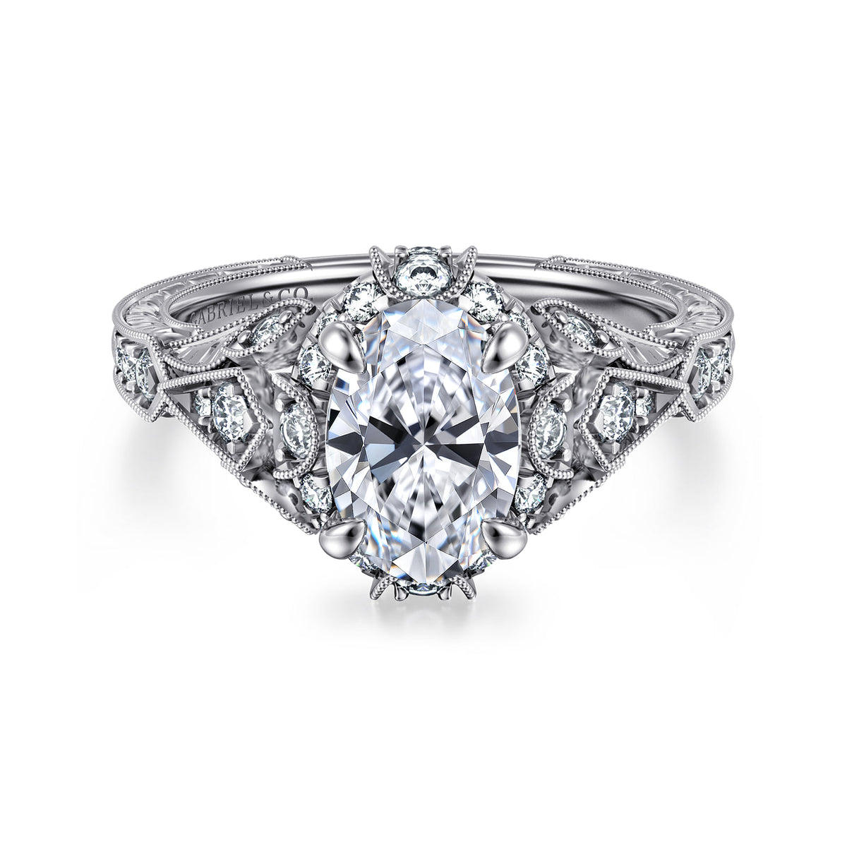 Unique 14K White Gold Vintage Inspired Oval Halo Diamond Engagement Ring — ER12579O6W44JJ; center stone shown for illustration, not included