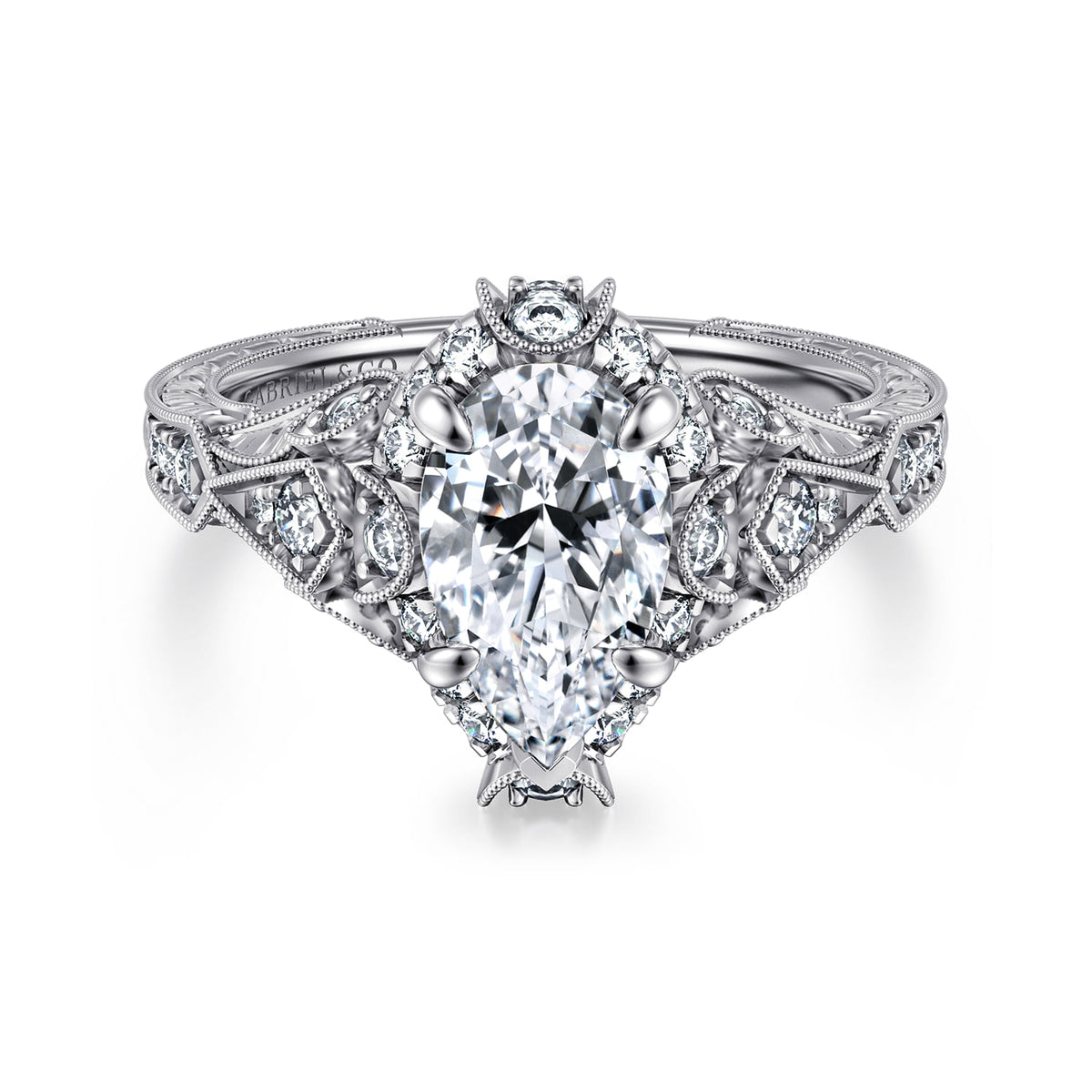Unique 14K White Gold Vintage Inspired Pear Shape Diamond Halo Engagement Ring — ER12579P6W44JJ; center stone shown for illustration, not included