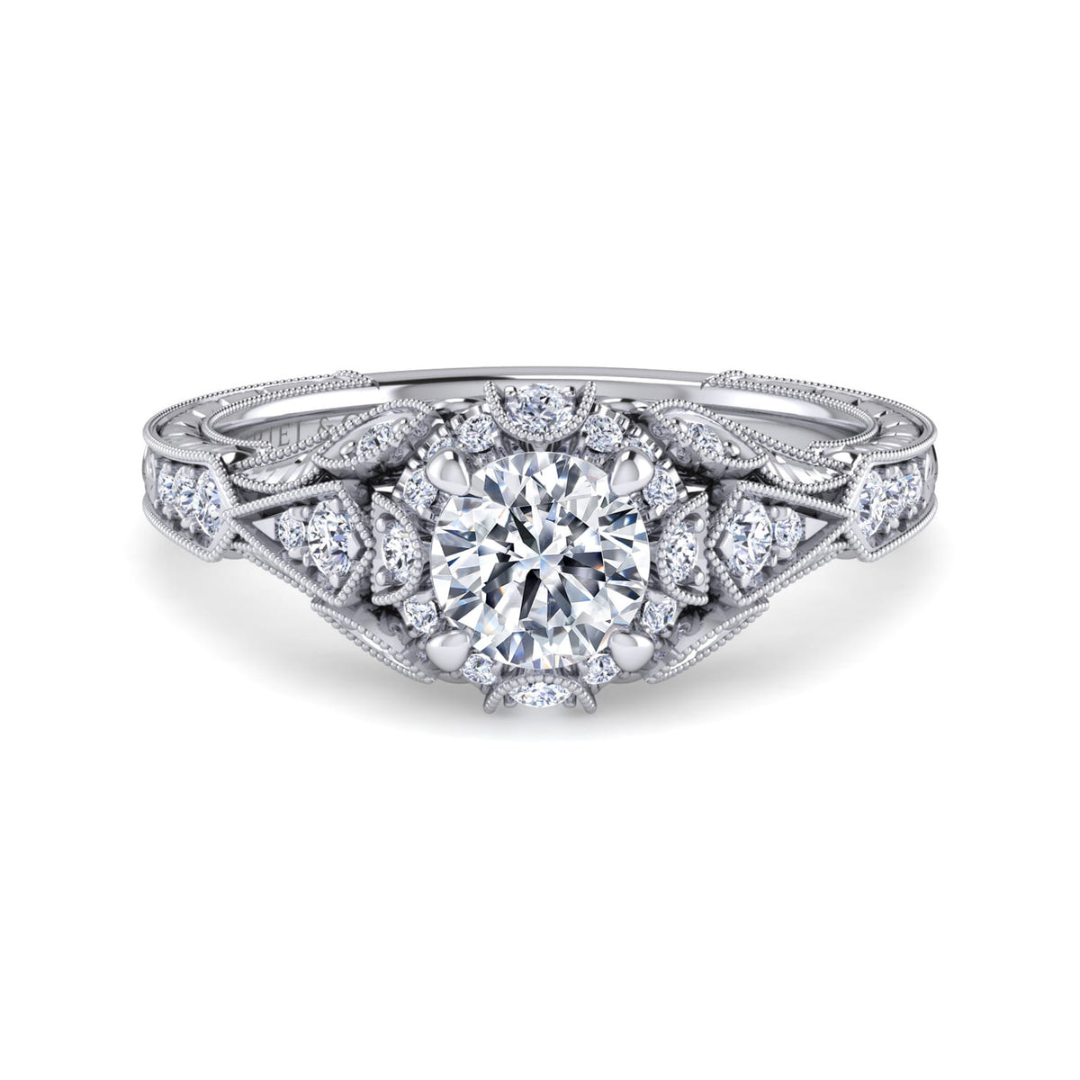 Unique 14K White Gold Vintage Inspired Diamond Halo Engagement Ring — ER12579R3W44JJ; center stone shown for illustration, not included