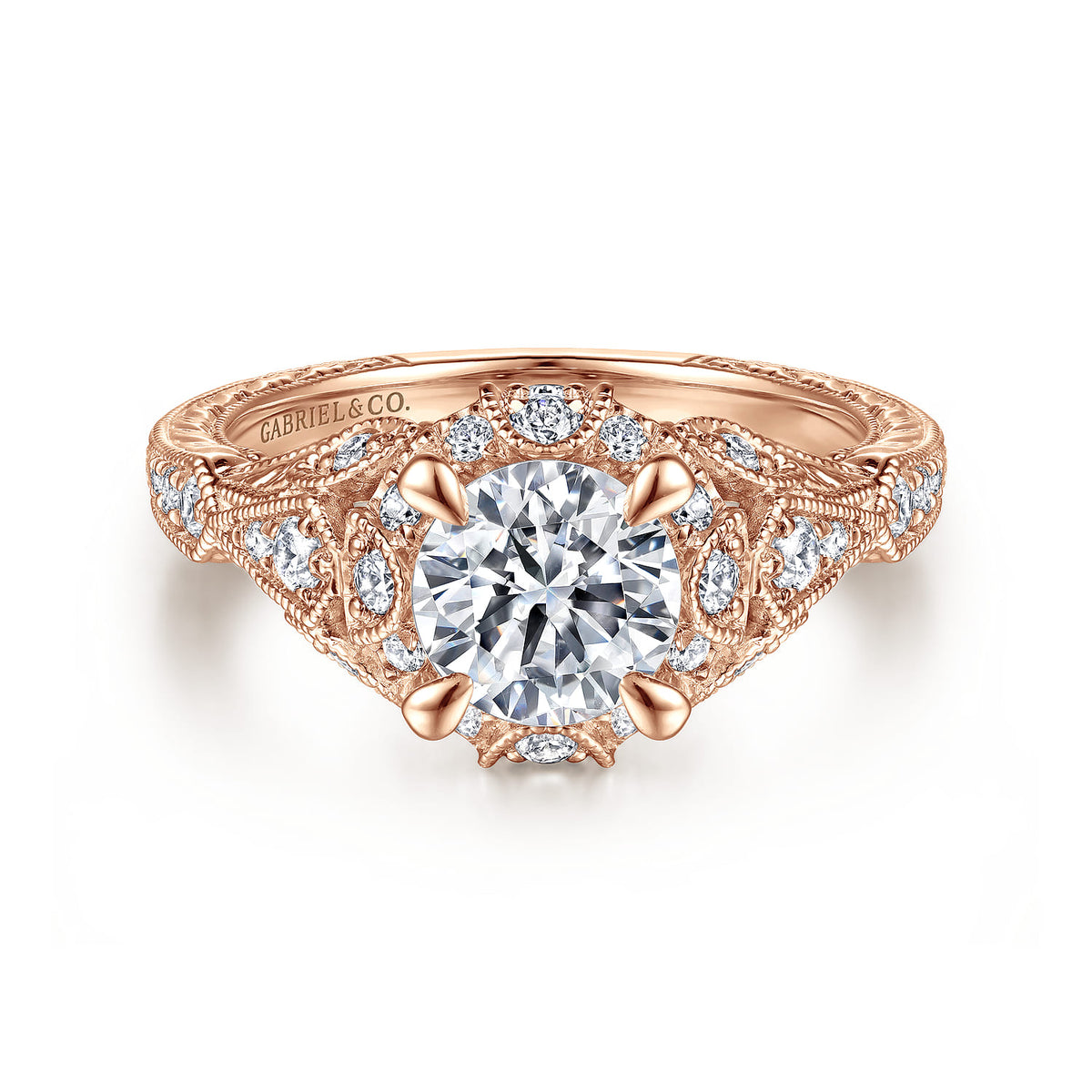 Unique 14K Rose Gold Vintage Inspired Diamond Halo Engagement Ring — Gabriel & Co. ER12579R4K44JJ; center stone shown for illustration, not included