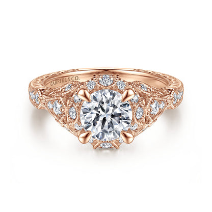 Unique 14K Rose Gold Vintage Inspired Diamond Halo Engagement Ring — Gabriel & Co. ER12579R4K44JJ; center stone shown for illustration, not included