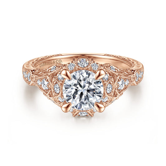 Unique 14K Rose Gold Vintage Inspired Diamond Halo Engagement Ring — Gabriel & Co. ER12579R4K44JJ; center stone shown for illustration, not included
