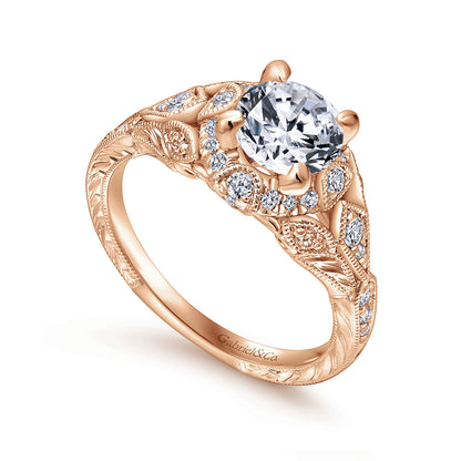 Unique 14K Rose Gold Vintage Inspired Diamond Halo Engagement Ring — Gabriel & Co. ER12579R4K44JJ; center stone shown for illustration, not included