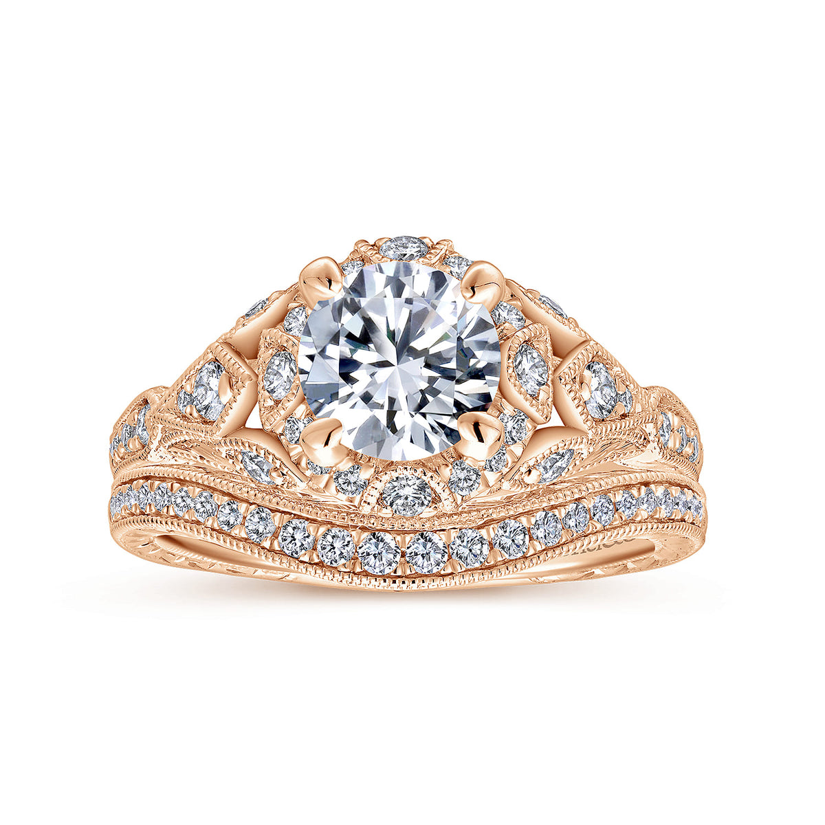 Unique 14K Rose Gold Vintage Inspired Diamond Halo Engagement Ring — Gabriel & Co. ER12579R4K44JJ; center stone shown for illustration, not included