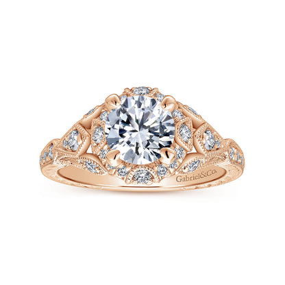 Unique 14K Rose Gold Vintage Inspired Diamond Halo Engagement Ring — Gabriel & Co. ER12579R4K44JJ; center stone shown for illustration, not included