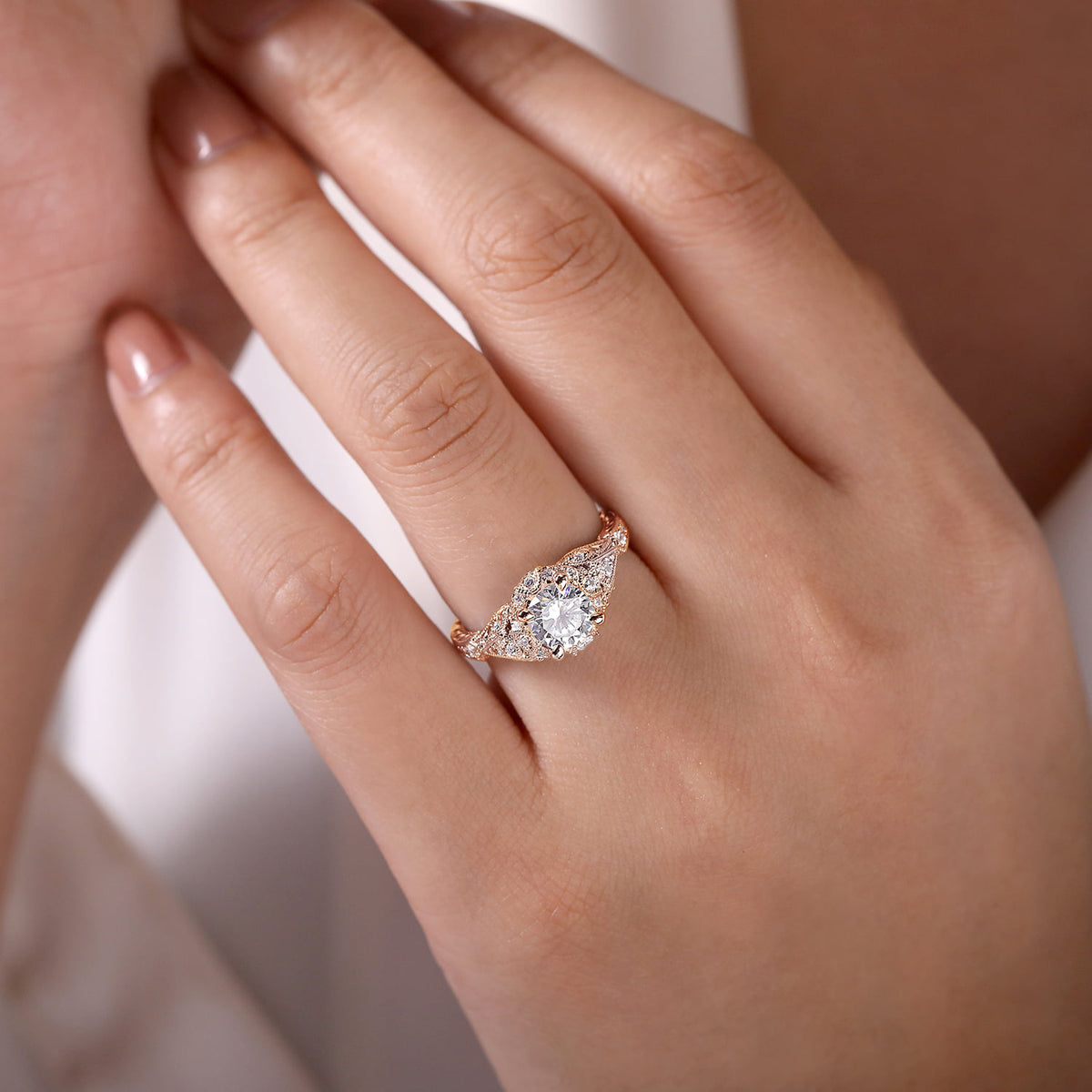 Unique 14K Rose Gold Vintage Inspired Diamond Halo Engagement Ring — Gabriel & Co. ER12579R4K44JJ; center stone shown for illustration, not included