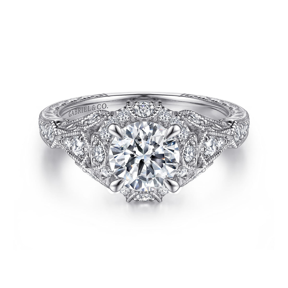 Unique 14K White Gold Vintage Inspired Diamond Halo Engagement Ring — Gabriel & Co. ER12579R4W44JJ; center stone shown for illustration, not included
