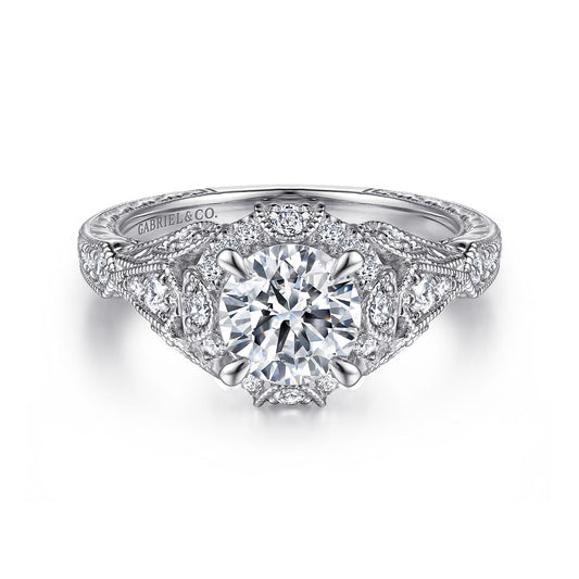 Unique 14K White Gold Vintage Inspired Diamond Halo Engagement Ring — Gabriel & Co. ER12579R4W44JJ; center stone shown for illustration, not included