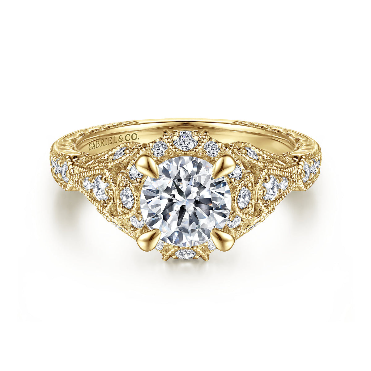 Unique 14K Yellow Gold Vintage Inspired Diamond Halo Engagement Ring — Gabriel & Co. ER12579R4Y44JJ; center stone shown for illustration, not included