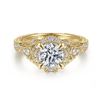 Unique 14K Yellow Gold Vintage Inspired Diamond Halo Engagement Ring — Gabriel & Co. ER12579R4Y44JJ; center stone shown for illustration, not included
