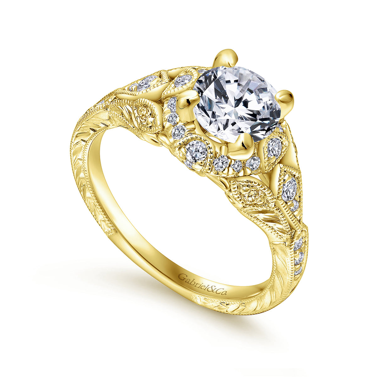 Unique 14K Yellow Gold Vintage Inspired Diamond Halo Engagement Ring — Gabriel & Co. ER12579R4Y44JJ; center stone shown for illustration, not included
