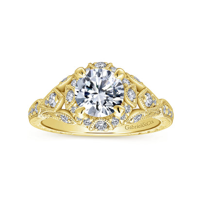 Unique 14K Yellow Gold Vintage Inspired Diamond Halo Engagement Ring — Gabriel & Co. ER12579R4Y44JJ; center stone shown for illustration, not included