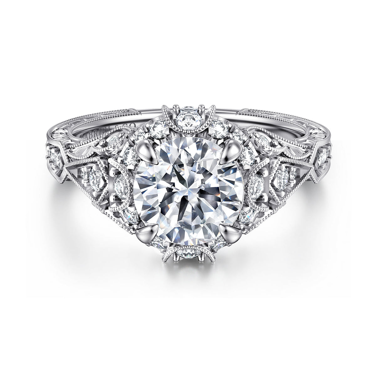 Unique 14K White Gold Vintage Inspired Diamond Halo Engagement Ring — ER12579R6W44JJ; center stone shown for illustration, not included
