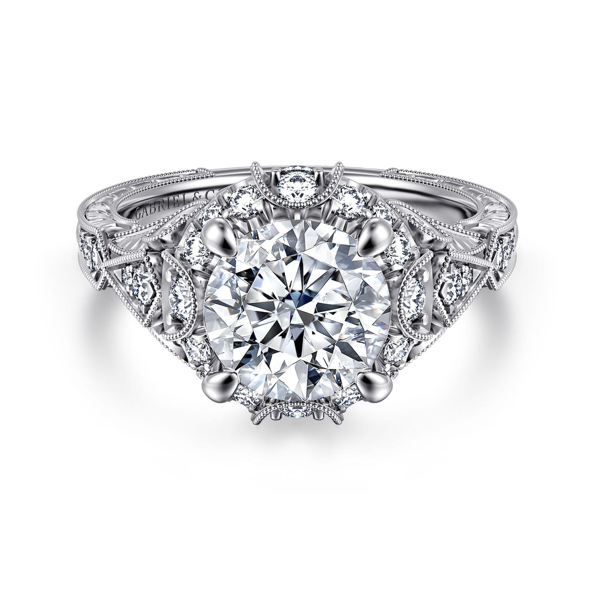 Unique 14K White Gold Vintage Inspired Diamond Halo Engagement Ring — ER12579R8W44JJ; center stone shown for illustration, not included