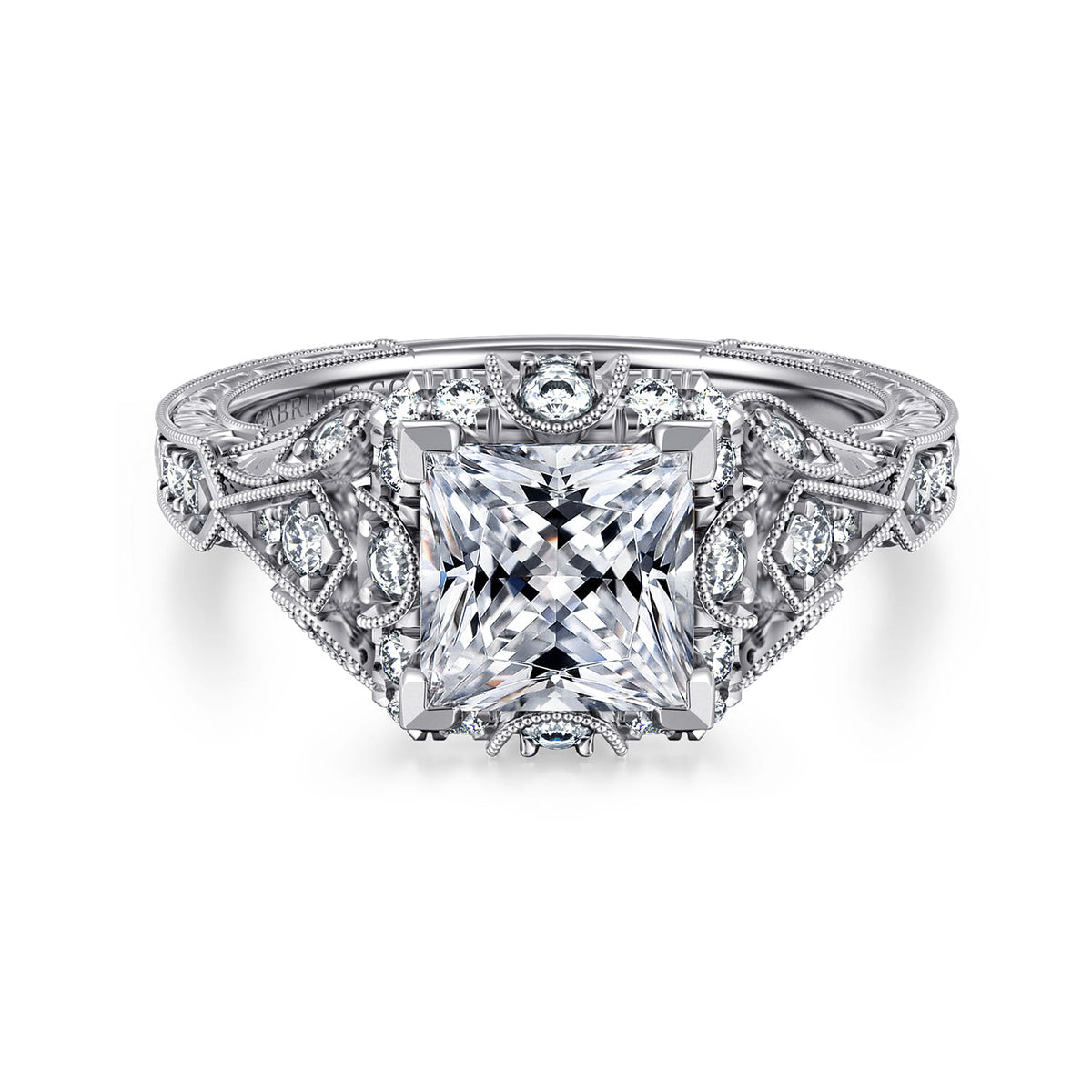 Unique 14K White Gold Vintage Inspired Princess Halo Diamond Engagement Ring — ER12579S6W44JJ; center stone shown for illustration, not included
