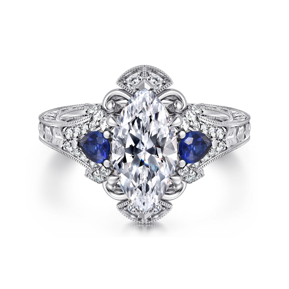 14K White Gold Marquise Shape Sapphire and Diamond Engagement Ring — ER12582M6W44SA; center stone shown for illustration, not included