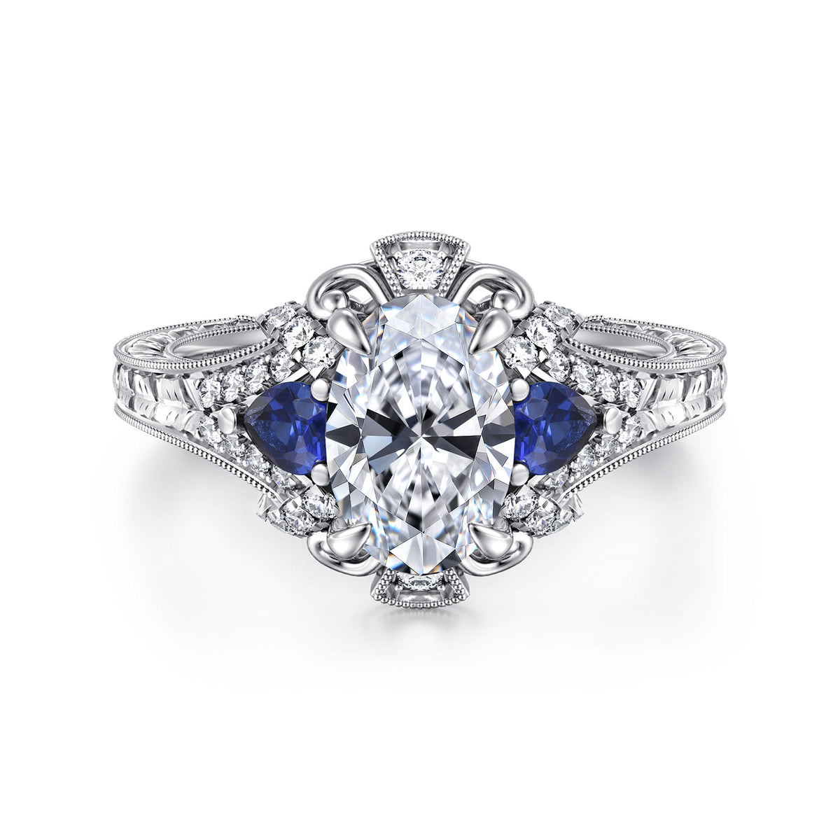 14K White Gold Oval Sapphire and Diamond Engagement Ring — ER12582O6W44SA; center stone shown for illustration, not included