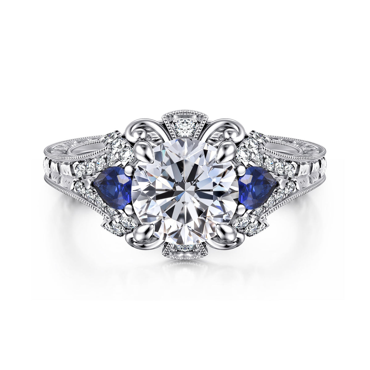 14K White Gold Round Sapphire and Diamond Engagement Ring — ER12582R6W44SA; center stone shown for illustration, not included