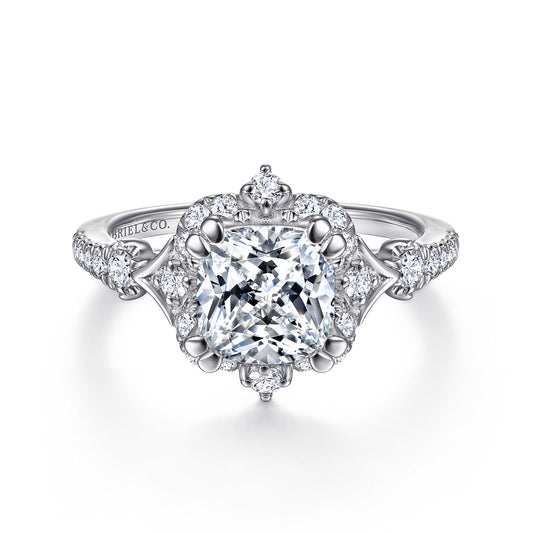 Unique 14K White Gold Vintage Inspired Cushion Halo Diamond Engagement Ring — ER14411C8W44JJ; center stone shown for illustration, not included