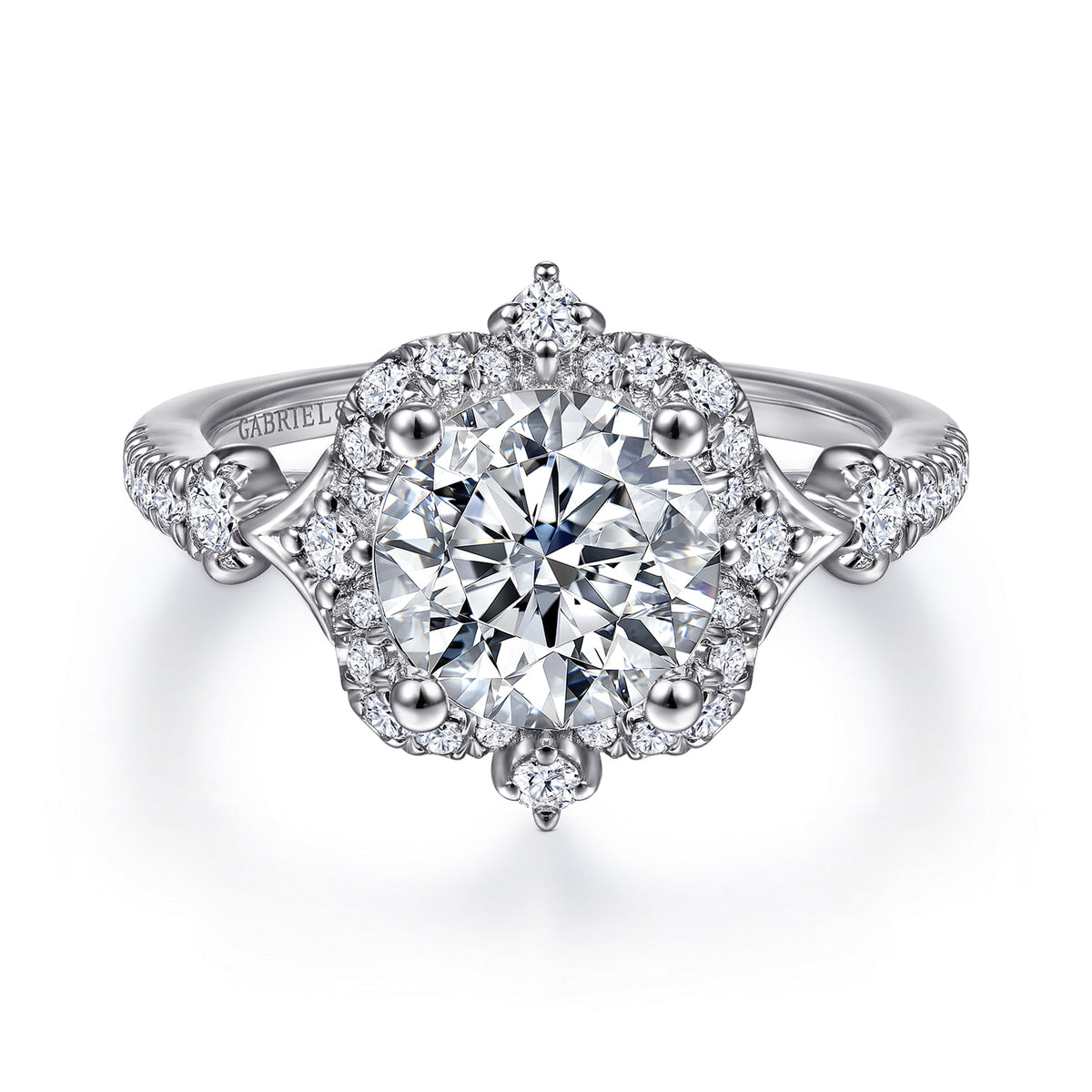 Unique 14K White Gold Vintage Inspired Halo Diamond Engagement Ring — Gabriel & Co. ER14411R8W44JJ; center stone shown for illustration, not included