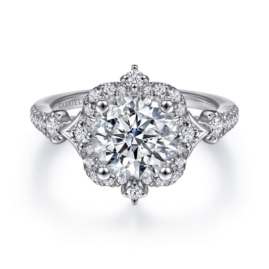 Unique 14K White Gold Vintage Inspired Halo Diamond Engagement Ring — Gabriel & Co. ER14411R8W44JJ; center stone shown for illustration, not included