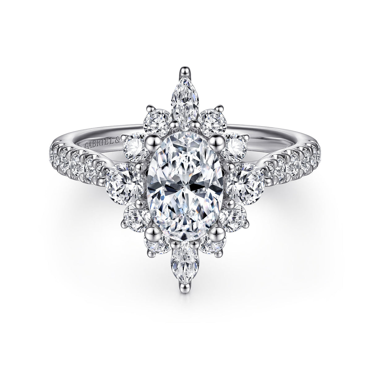 Unique 14K White Gold Oval Halo Diamond Engagement Ring — ER14450O4W44JJ; center stone shown for illustration, not included