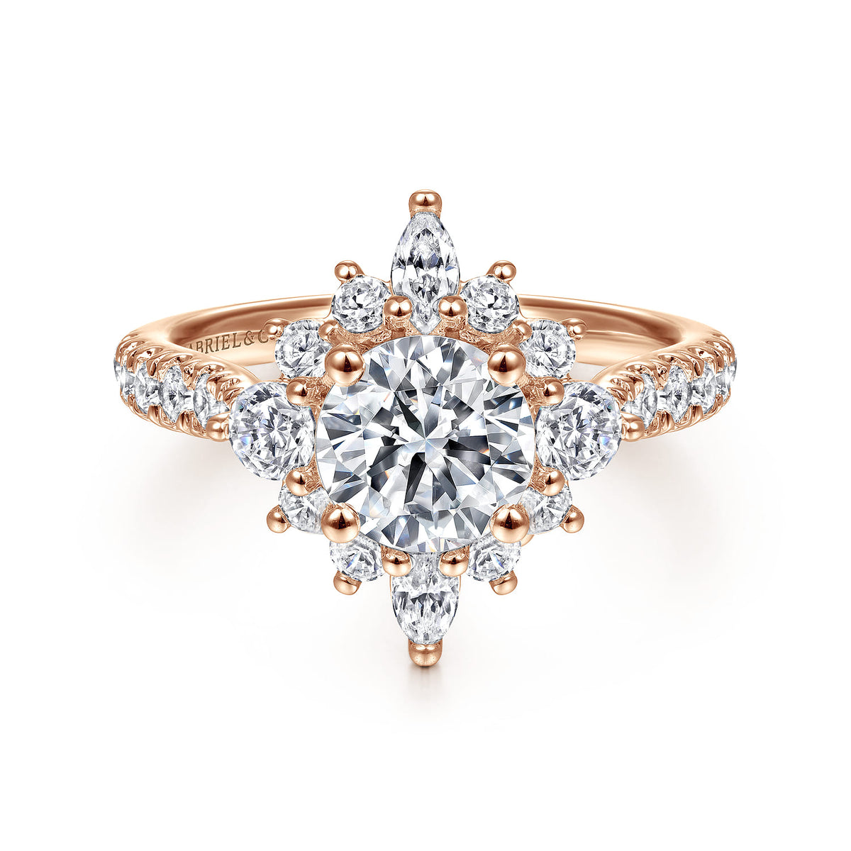 Unique 14K Rose Gold Round Halo Diamond Engagement Ring — Gabriel & Co. ER14450R4K44JJ; center stone shown for illustration, not included
