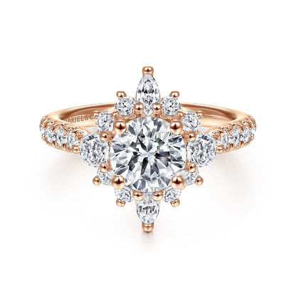 Unique 14K Rose Gold Round Halo Diamond Engagement Ring — Gabriel & Co. ER14450R4K44JJ; center stone shown for illustration, not included