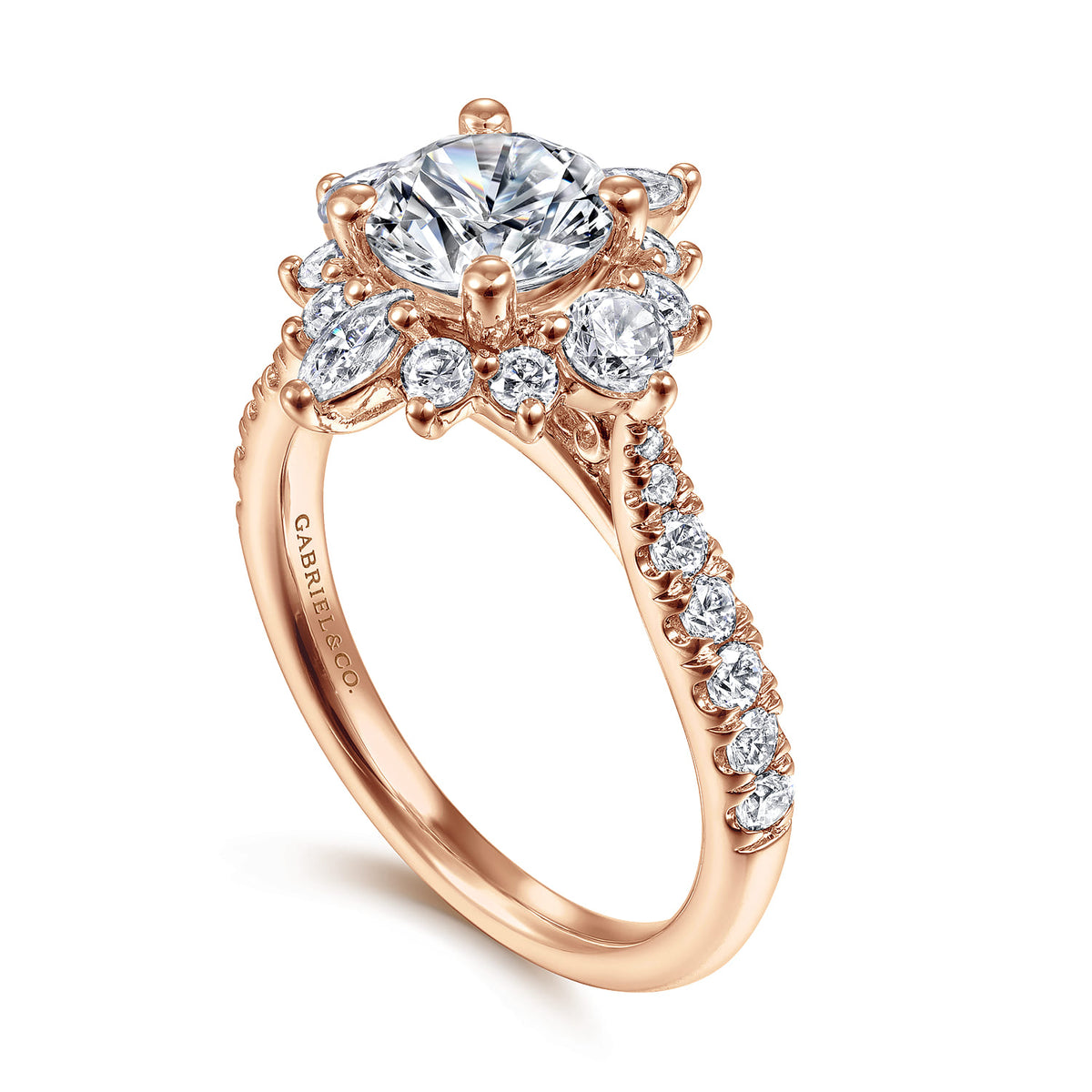 Unique 14K Rose Gold Round Halo Diamond Engagement Ring — Gabriel & Co. ER14450R4K44JJ; center stone shown for illustration, not included