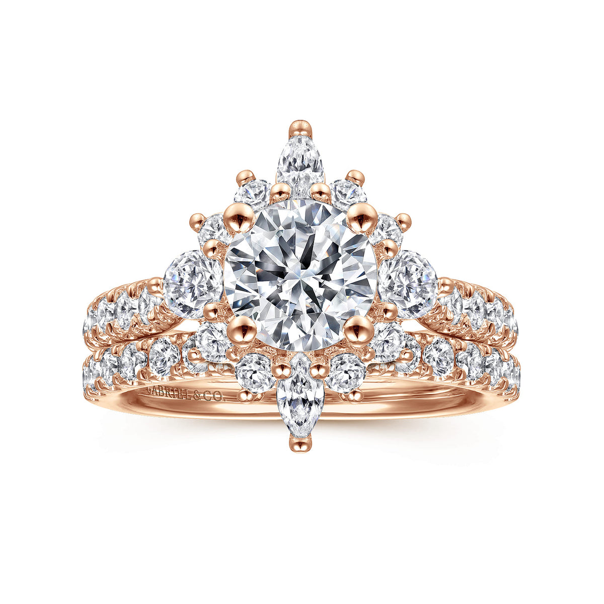 Unique 14K Rose Gold Round Halo Diamond Engagement Ring — Gabriel & Co. ER14450R4K44JJ; center stone shown for illustration, not included
