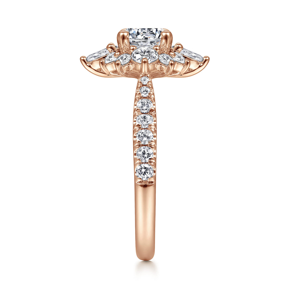 Unique 14K Rose Gold Round Halo Diamond Engagement Ring — Gabriel & Co. ER14450R4K44JJ; center stone shown for illustration, not included