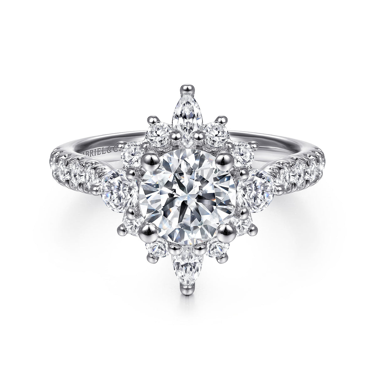 Platinum Unique Round Halo Engagement Ring — Gabriel & Co. ER14450R4PT4JJ; center stone shown for illustration, not included