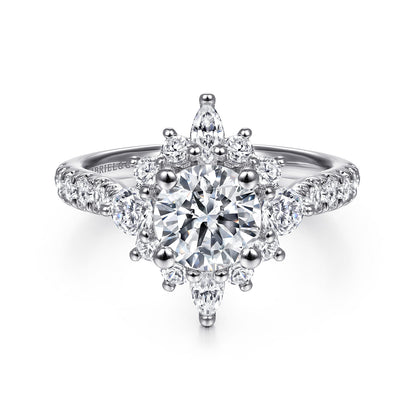 Platinum Unique Round Halo Engagement Ring — Gabriel & Co. ER14450R4PT4JJ; center stone shown for illustration, not included